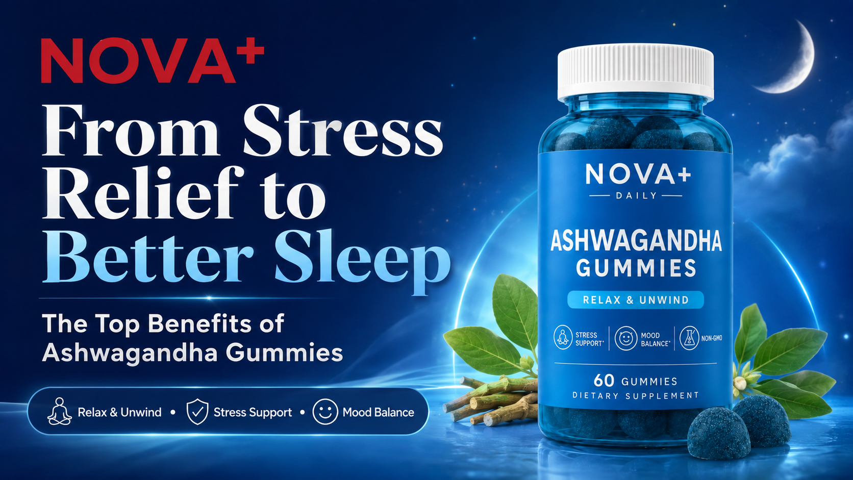 Ashwagandha gummies with ashwagandha roots and leaves in a calm evening bedroom setting